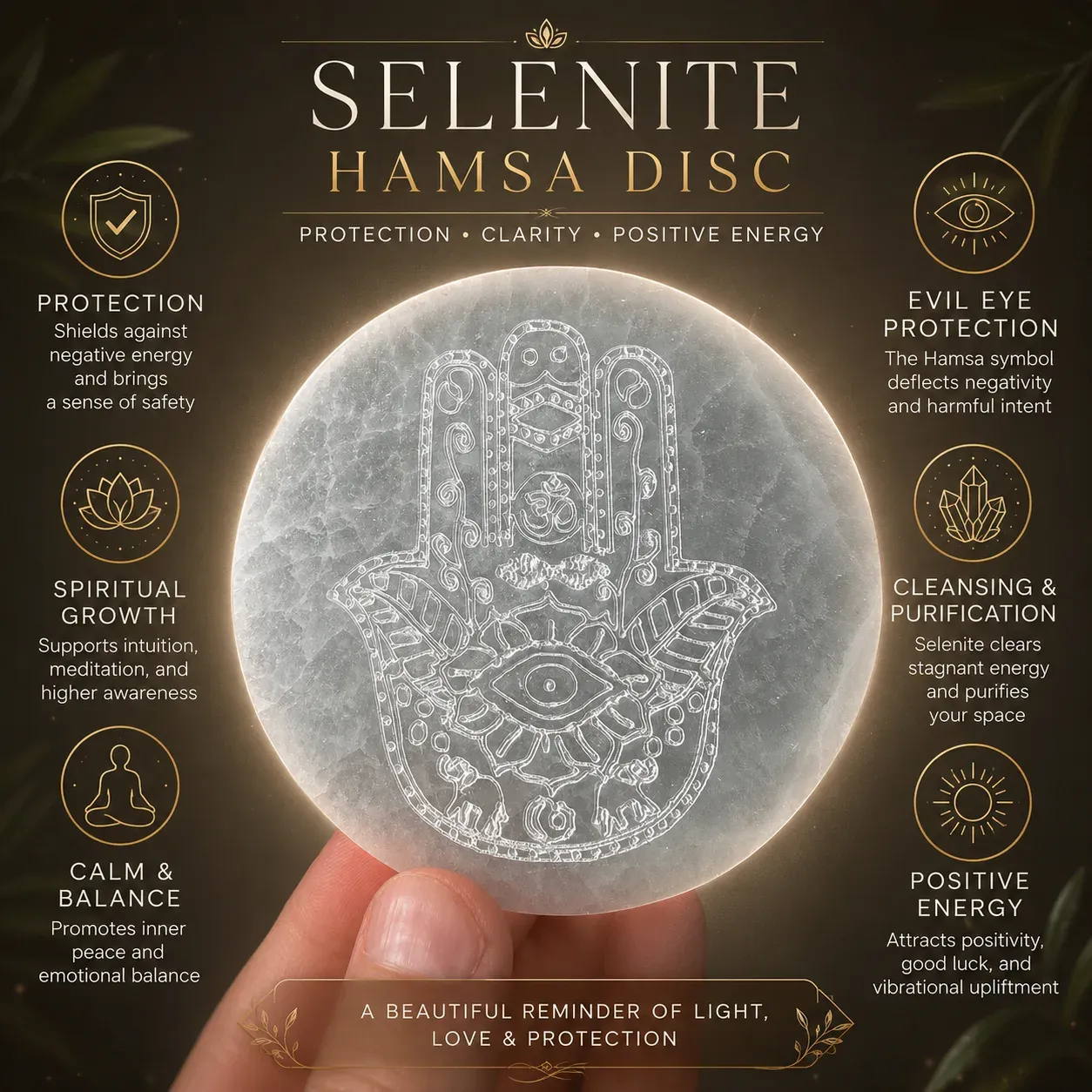 Hamsa Hand Selenite Plate — MB Global Agate