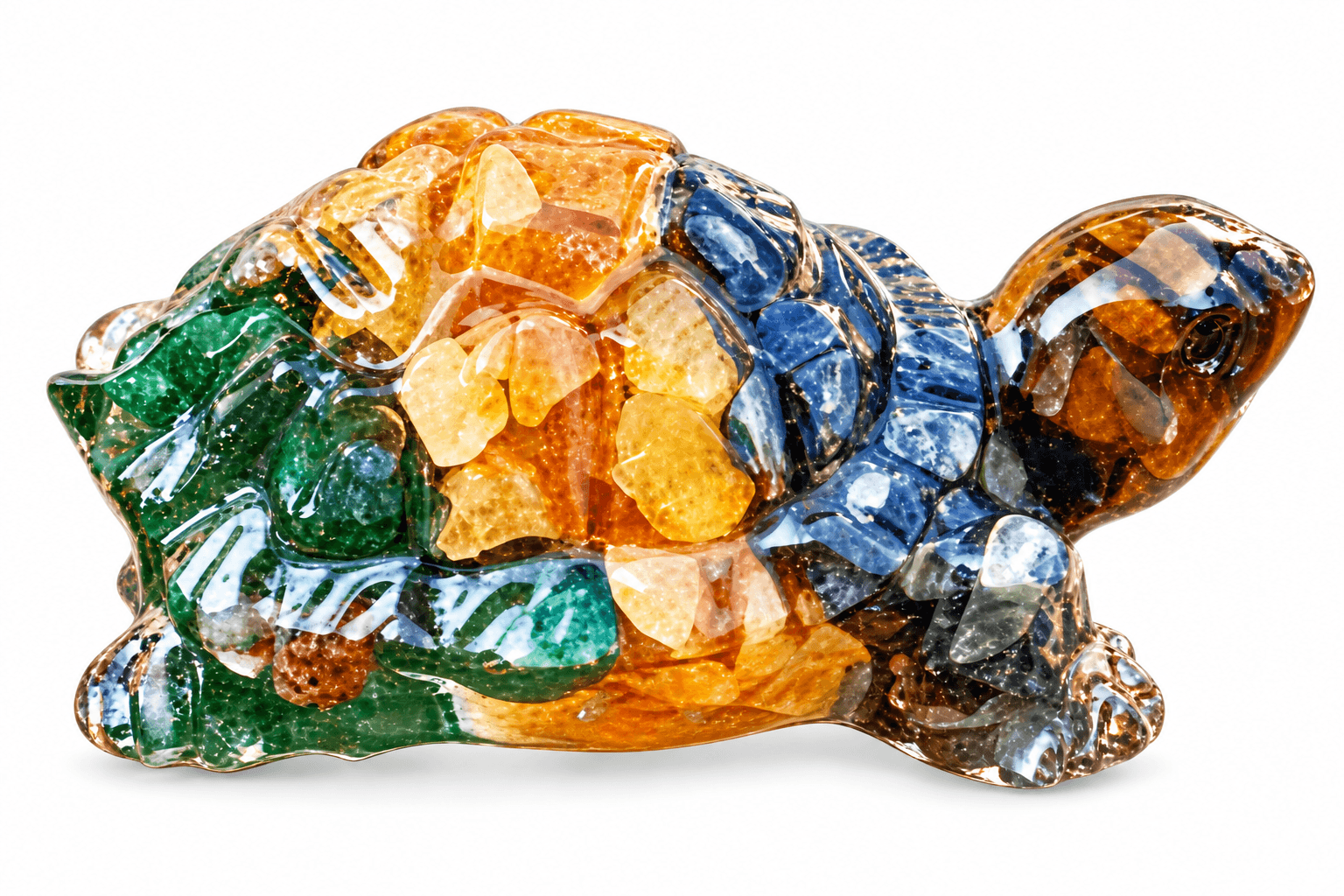 Handcrafted 7 Chakra Orgonite Turtle figurine made with colorful green, yellow, orange, blue and brown crystal chips embedded in glossy poli