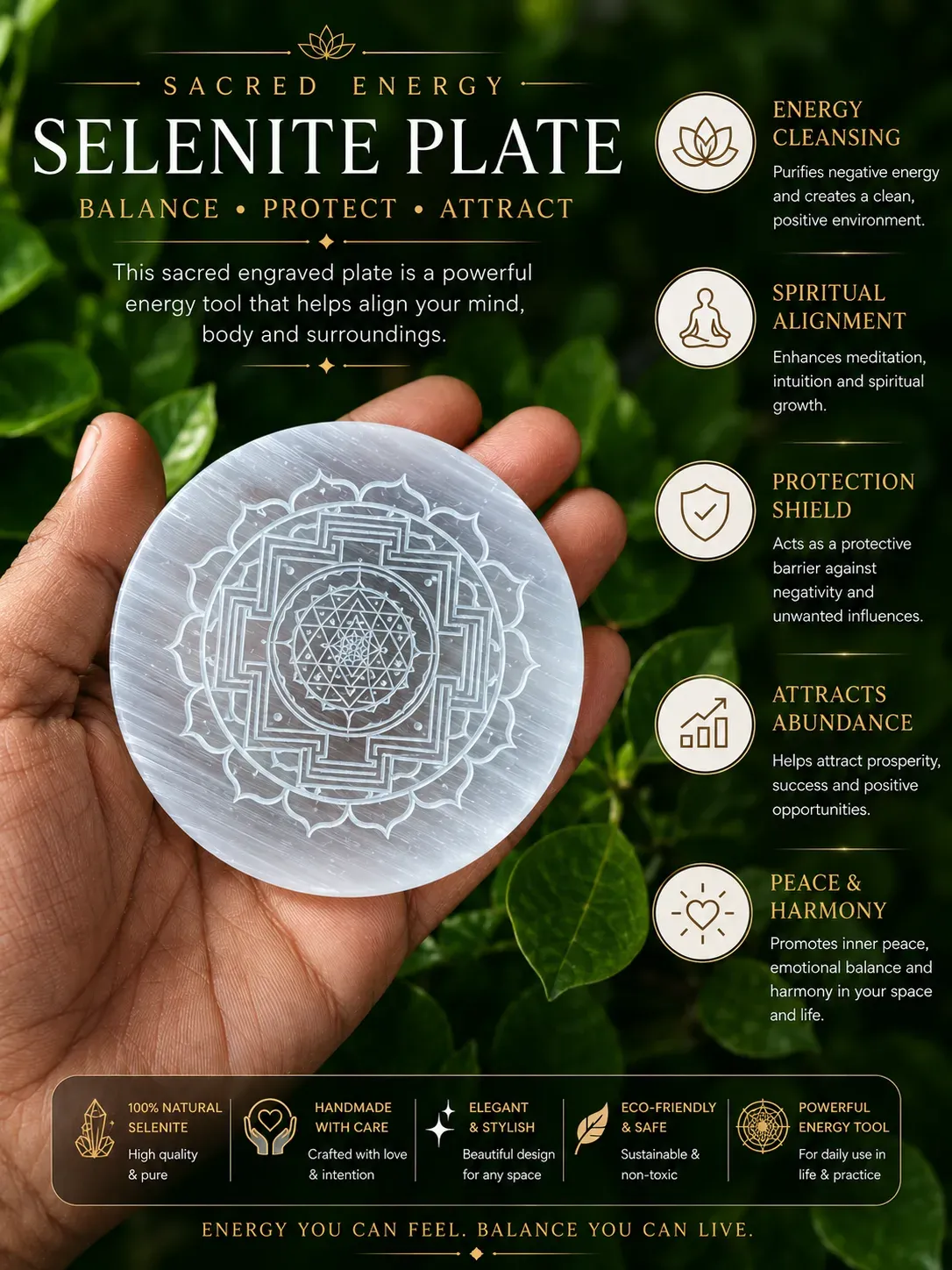 Sri Yantra Selenite Plate — Round — MB Global Agate