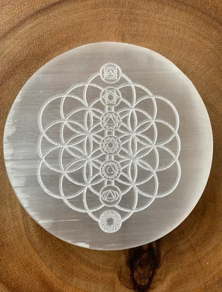Flower of Life Selenite Plate — Seven Chakra — MB Global Agate