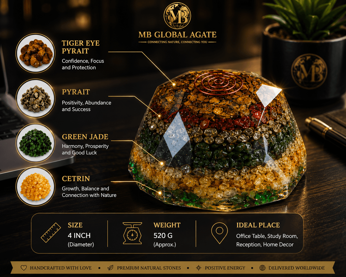 Tiger Eye & Pyrite Orgone Pyramid — MB Global Agate