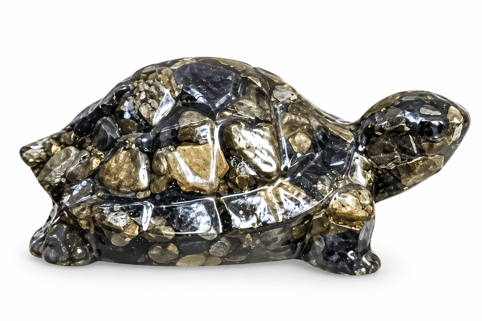 Handcrafted Pyrite Orgonite Turtle with metallic gold, bronze, charcoal and gray crystal chips embedded in dark glossy polished resin.
